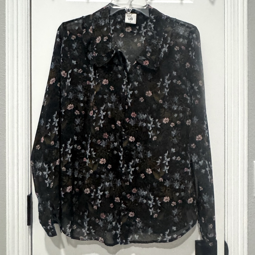 Black with flowers, long sleeve, sheer button up